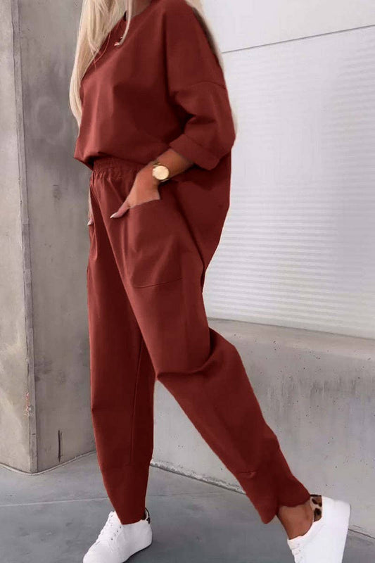 CWSTB1415_SOLID COLOR ROUND NECK LONG SLEEVE TROUSERS SUIT