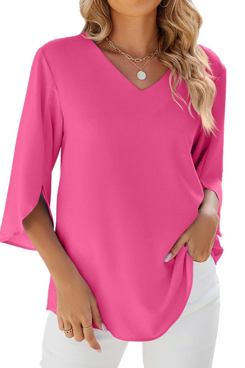 CWTBLS0871_SOLID COLOR V-NECK MID-SLEEVE LOOSE TOP