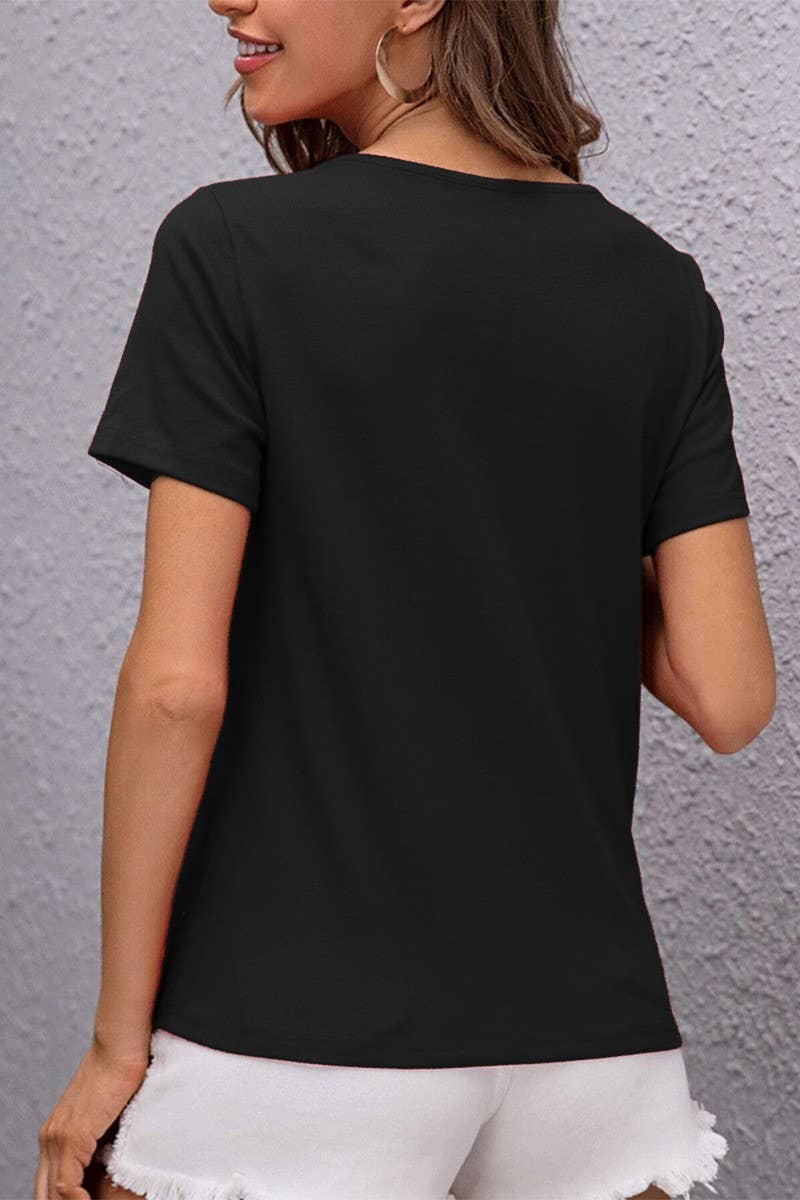 CWTBLS2189_SOLID V-NECK PATCHWORK SLIM FIT FASHION TEE