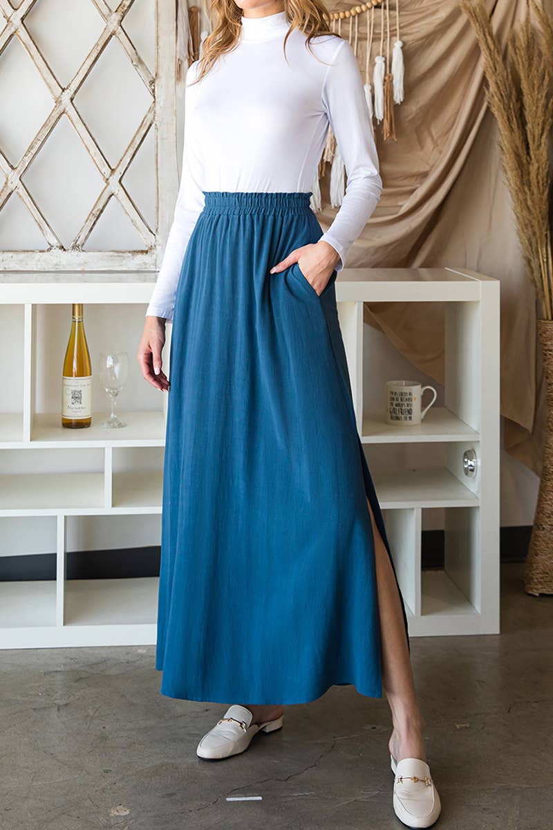 CWBLS092_MAXI SIDE SLIT DETAILED LINEN SKIRT