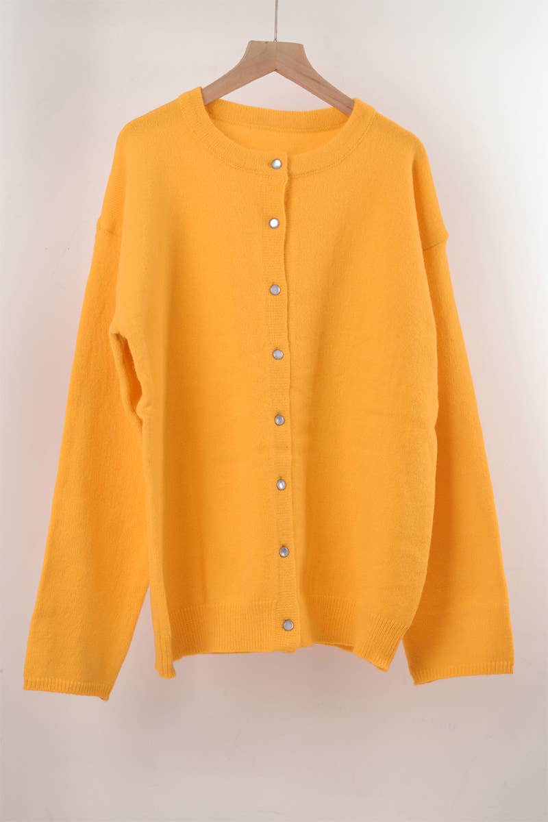 CREW-NECK STYLE BUTTON-KNIT SOLID COLOR CARDIGAN