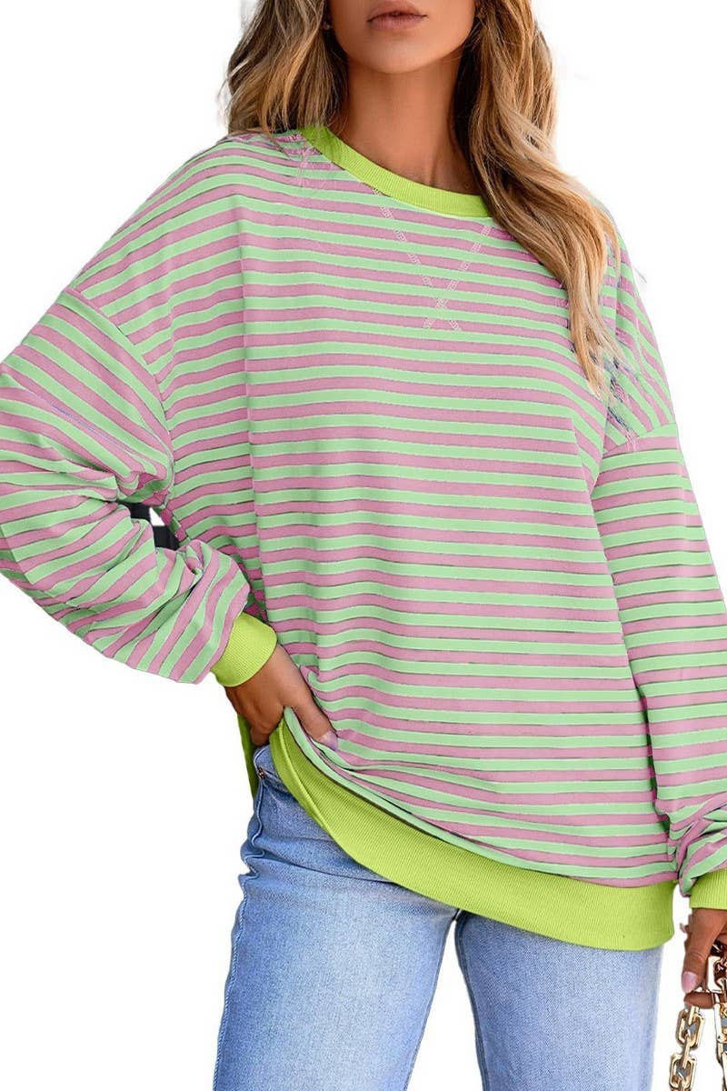 WTBLL1485_COLORFUL STRIPED CREW NECK LOOSE SWEATSHIRT