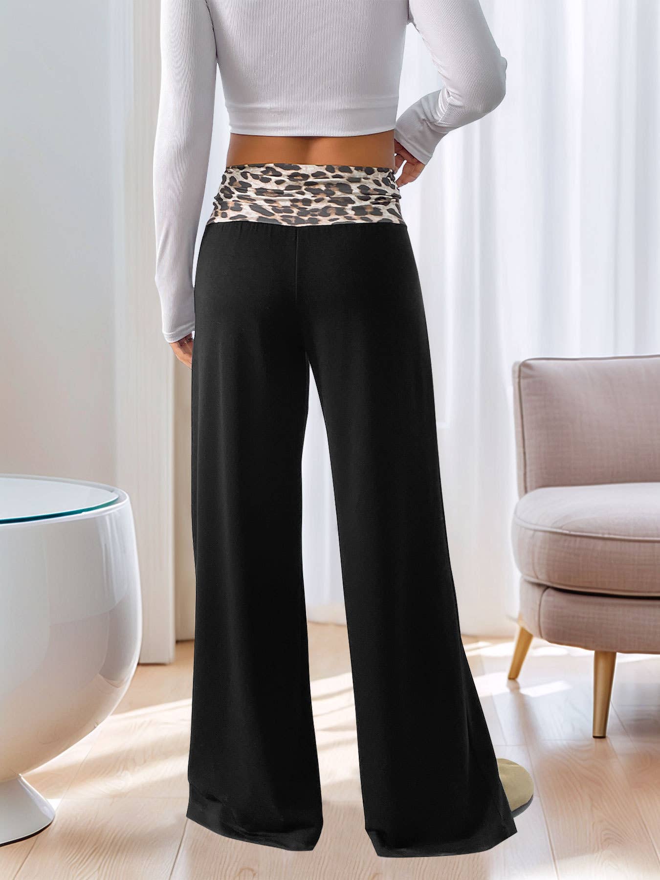 Color-blocking leopard print wide-leg pants