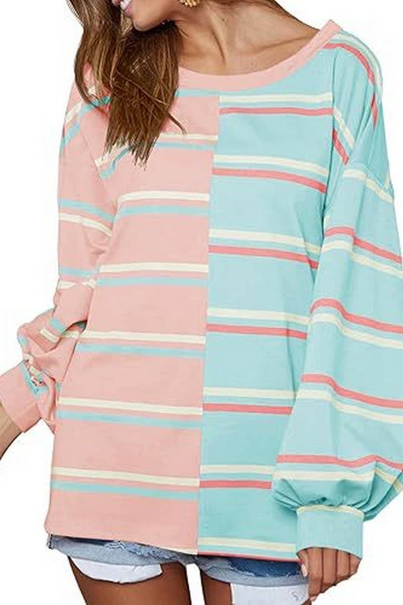 CWTBLL3903_LOOSE CASUAL STRIPED KNIT LONG SLEEVE SWEATSHIRT