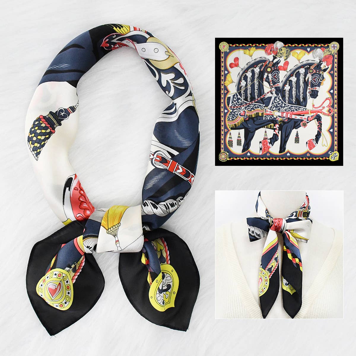 70cm Vintage Horse Print Satin Square Scarf_CWASC1151