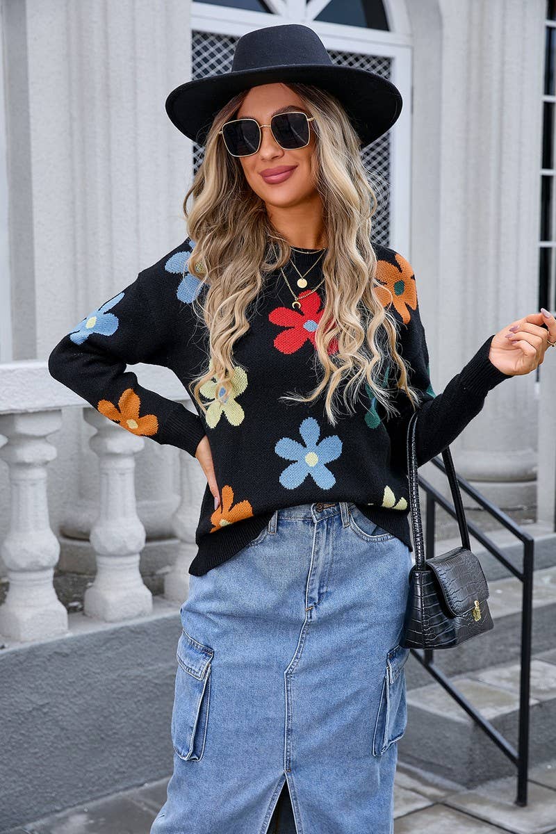 CWOSWL3103_CREW NECK FLORAL PULLOVER SWEATER