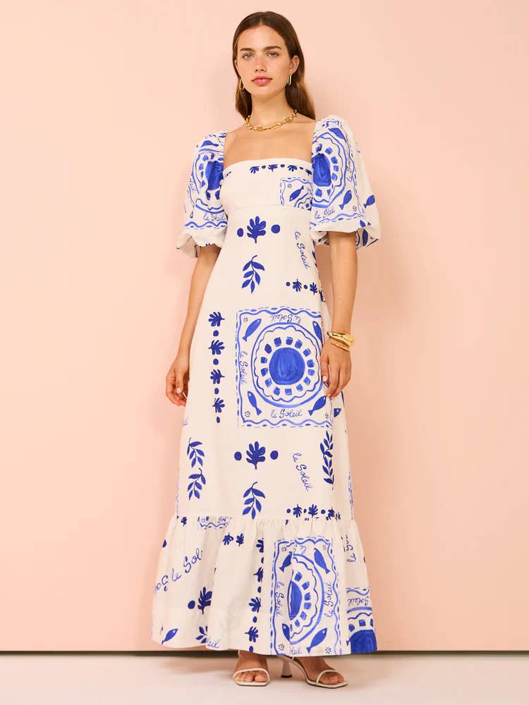 Casual line-neck print lantern sleeve dress