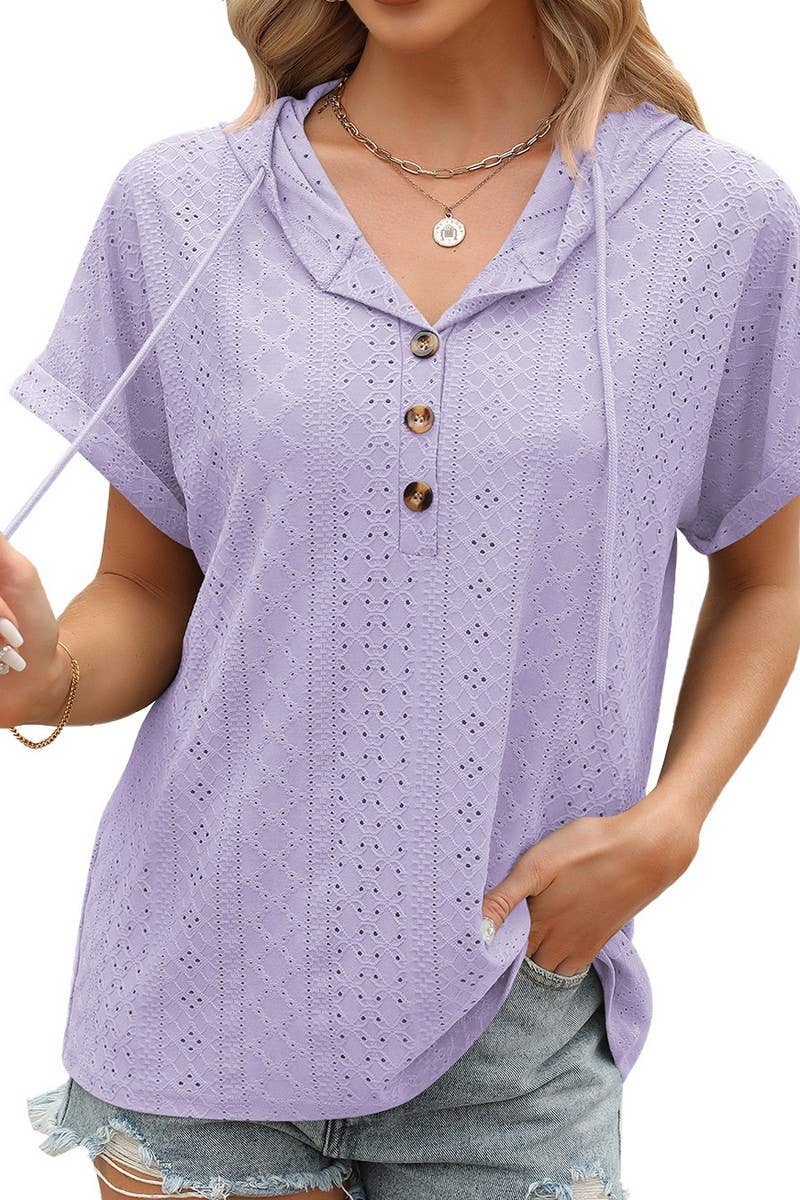 CWTTS1086_SOLID COLOR BUTTONED HOODED DRAWSTRING T-SHIRT