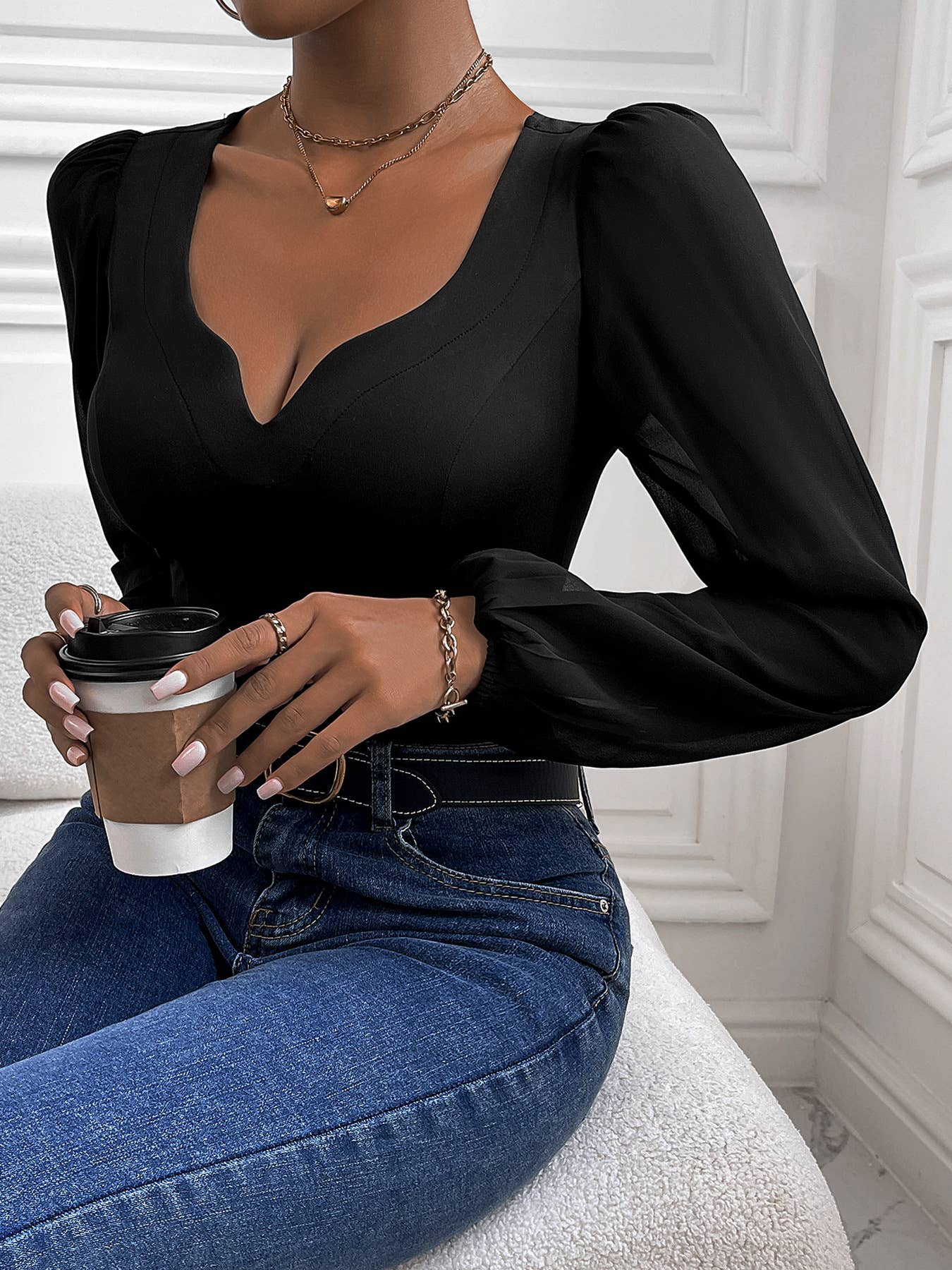 BLACK MESH SPLICED V-NECK JUMPSUIT