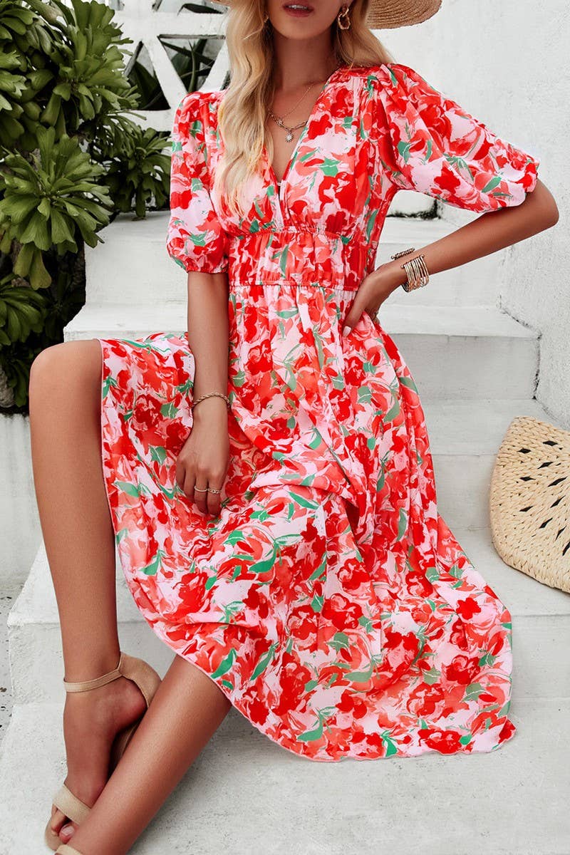 CWDMD0995_Deep V-Neck Short Sleeve Floral Print Midi Dresses