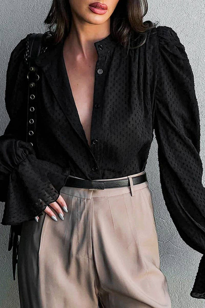 CWTSTL909_SOLID COLOR JACQUARD PUFF SLEEVE LONG SLEEVE TOP