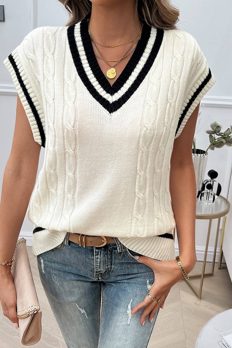CWOV0454_V-NECK CONTRAST VEST KNITTED SWEATER