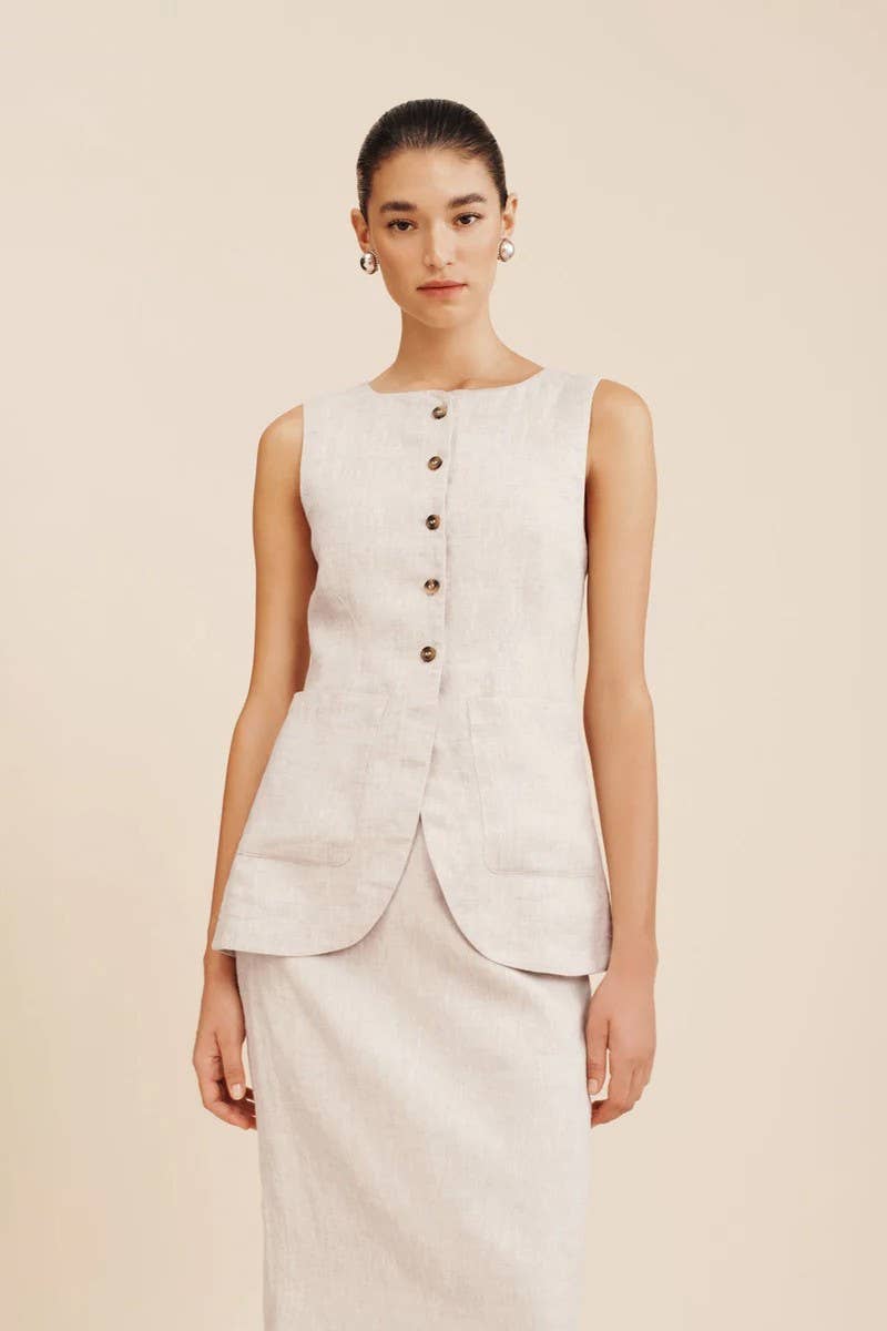 CWSS1141_LINEN SLEEVELESS TANK TOP & HIGH WAIST SKIRT SET