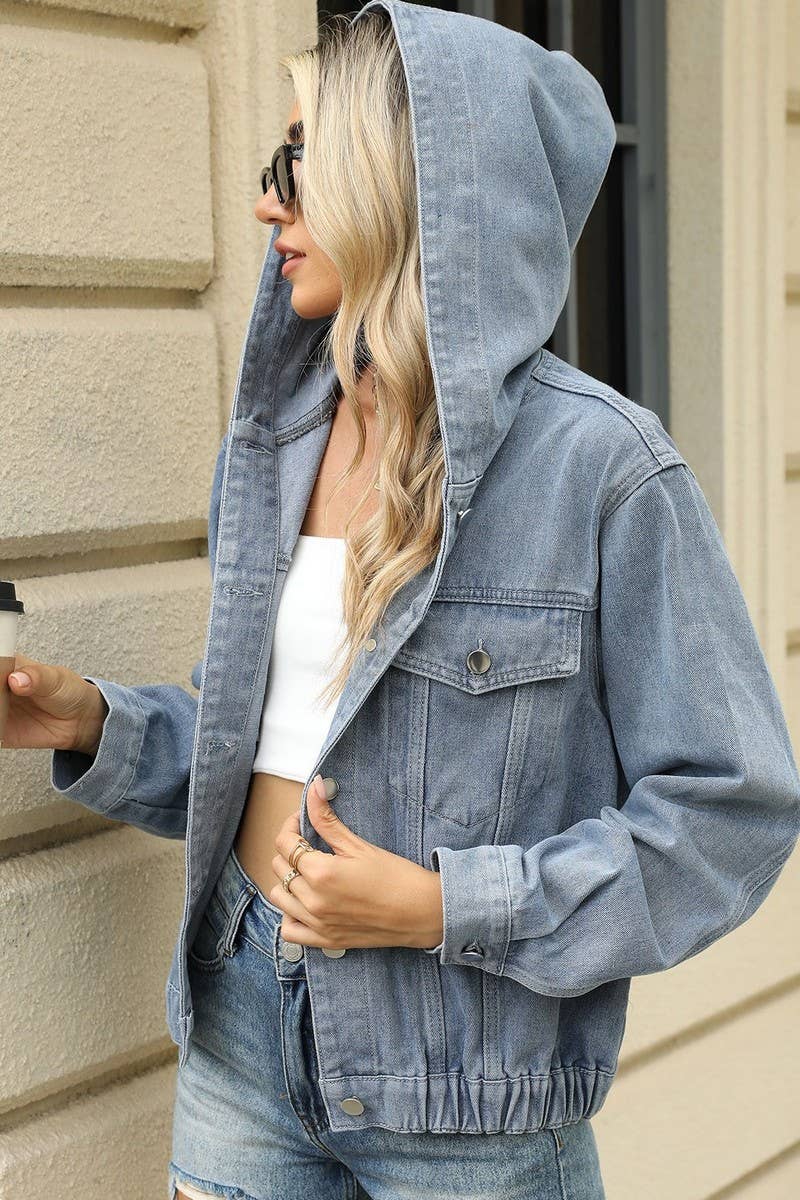 CWJJ00097_WASHED HOODED CASUAL DENIM JACKET TOP