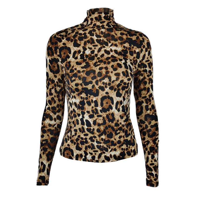 CASUAL HIGH NECK SLIM LEOPARD PRINT T-SHIRT