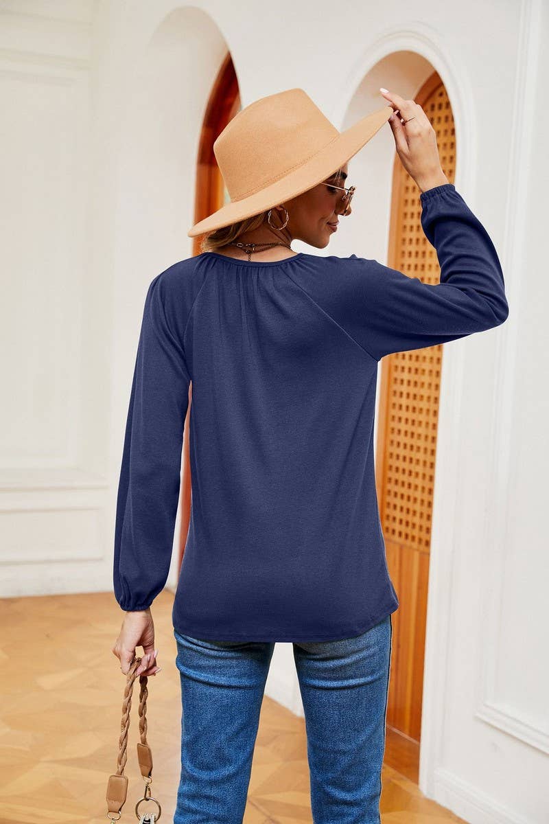CWTBLL2370_LONG SLEEVE V NECK PLEATED LOOSE PULLOVER