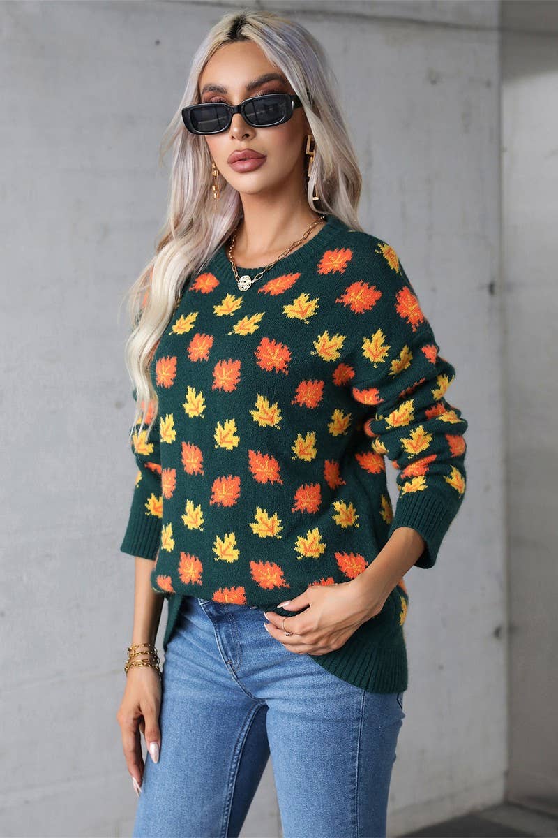 CWOSWL5757_MAPLE LEAF CHRISTMAS CREW NECK SWEATER