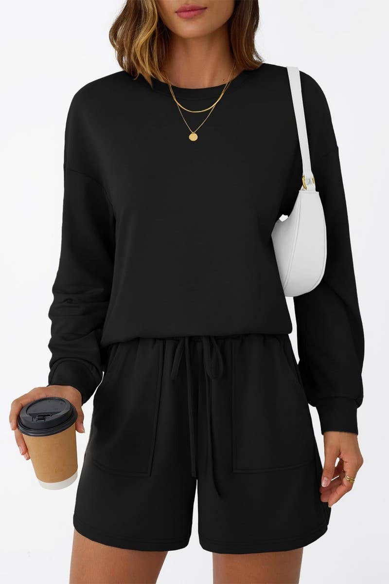 CWSTB00405_CREW NECK LONG SLEEVE SHORTS TWO-PIECE HOODIE SET