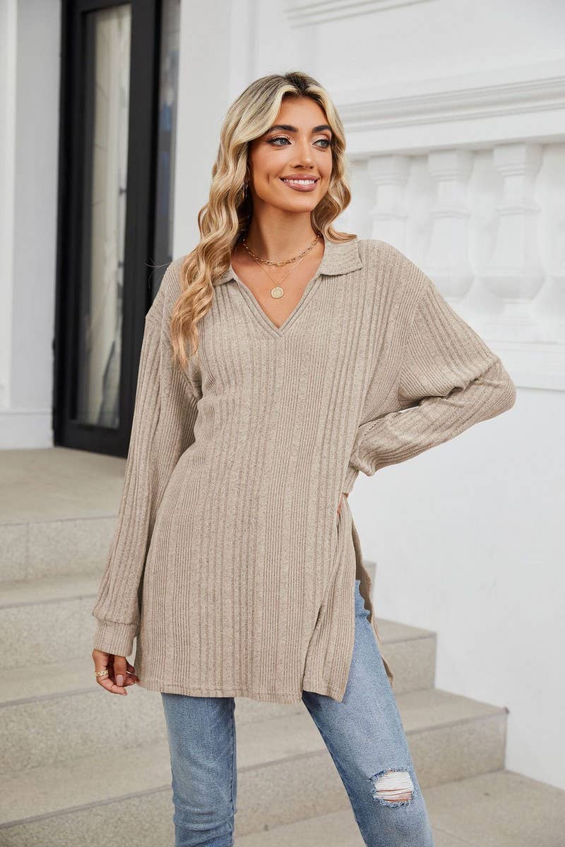 CWTBLL3668_FLIP COLLAR SLIT LONG SLEEVED LOOSE T-SHIRT TOP