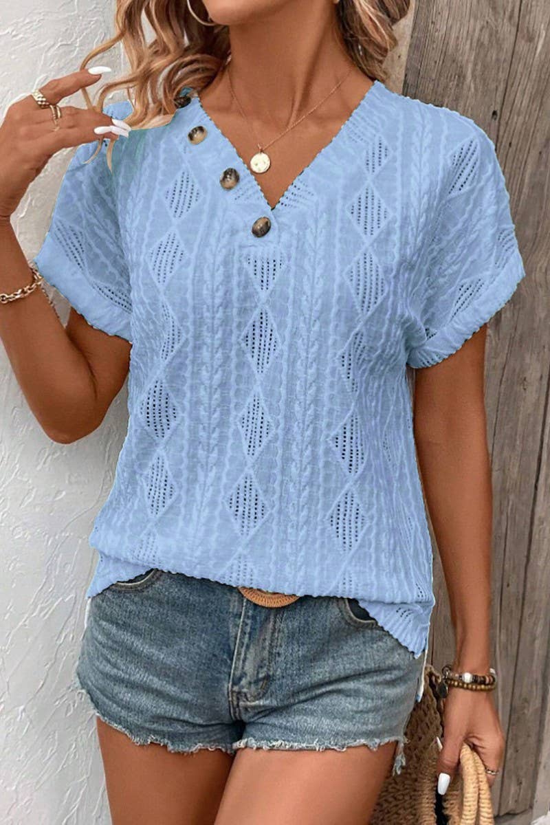 CWTBLS1794_V-NECK BUTTON-DOWN SHORT-SLEEVED TOP T-SHIRT