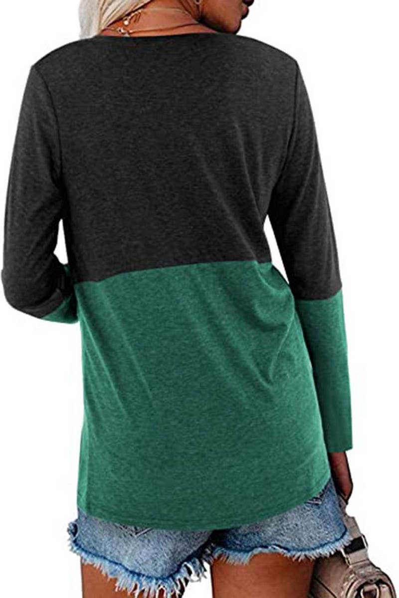 CWTBLL3689_CONTRAST COLOR V-NECK LONG-SLEEVED LOOSE TOP