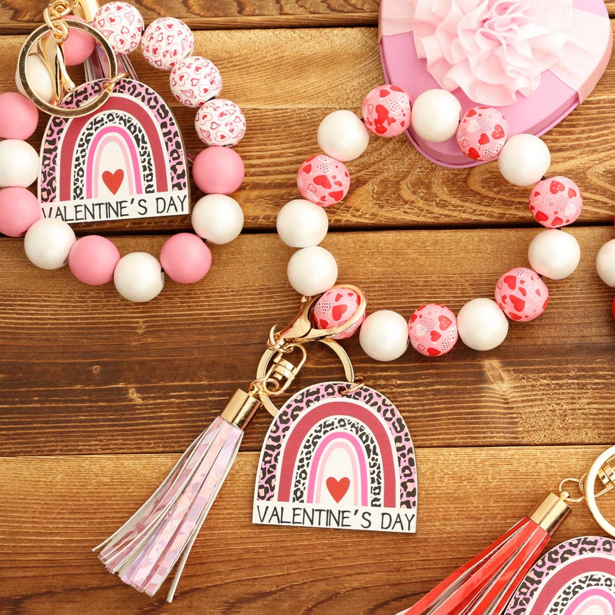 Heart Wooden Bead Bracelet Keychain Pendant