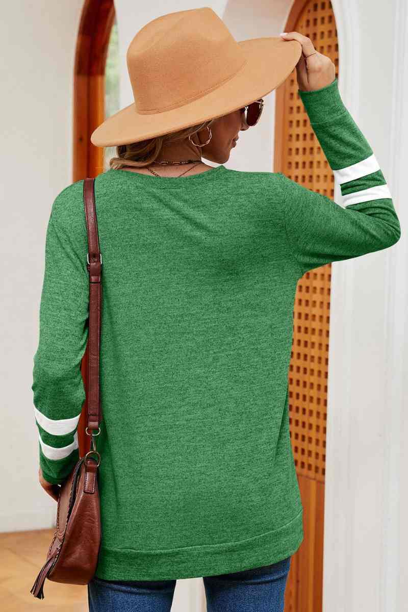 CWOSWL6552_V-NECK LONG SLEEVE STRIPED COLOR MATCHING TOP