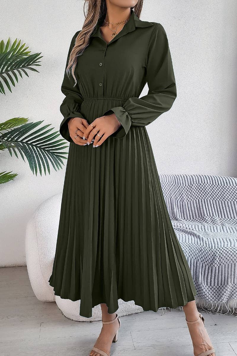 CWDMD3944_FALL PLEATED LONG-SLEEVED SHIRT-WAIST DRESS