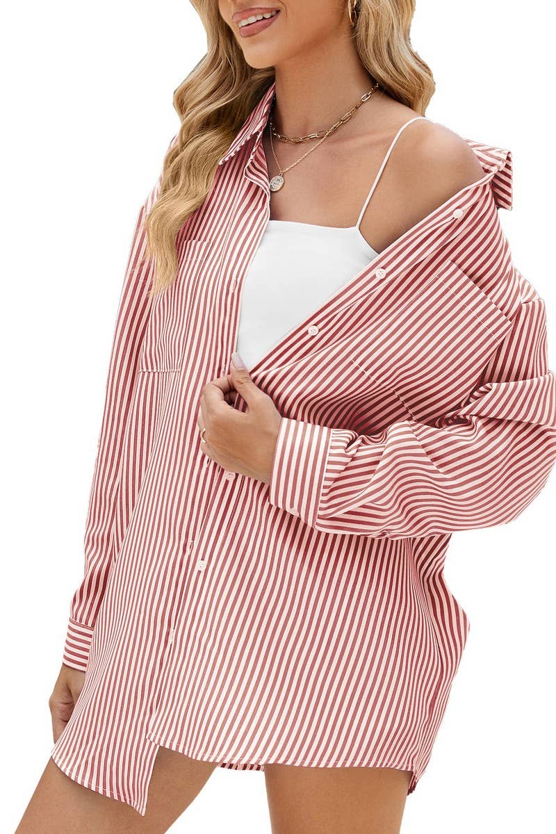 CWTSTL2064_LAPEL BUTTON CASUAL STRIPED LONG SLEEVE SHIRT