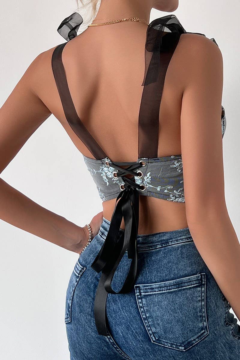 CWTTK0739_EMBROIDERED BACKLESS LACE-UP HERRINGBONE VEST