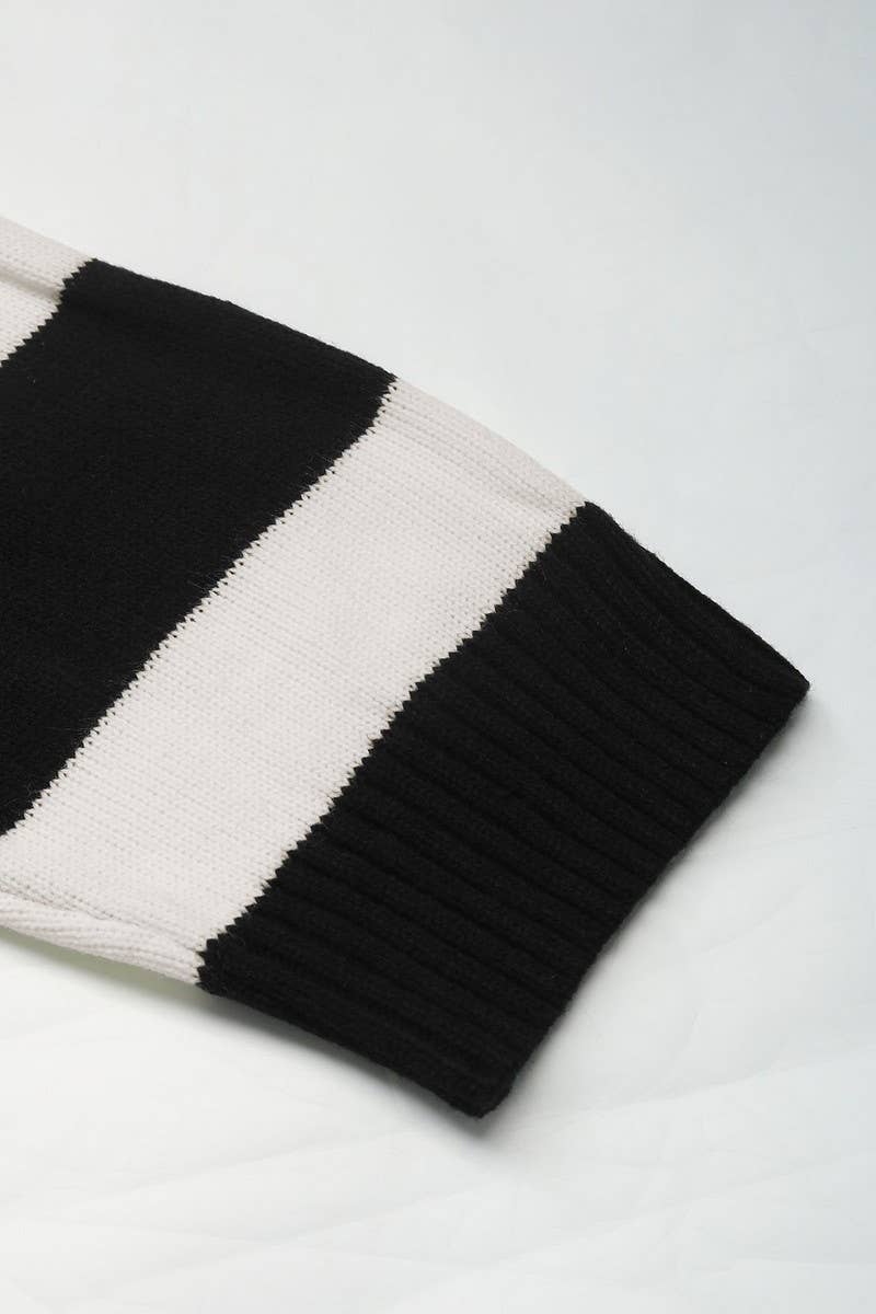 CWOSWL2785_LOOSE BLACK AND WHITE STRIPED LAPEL KNIT TOP