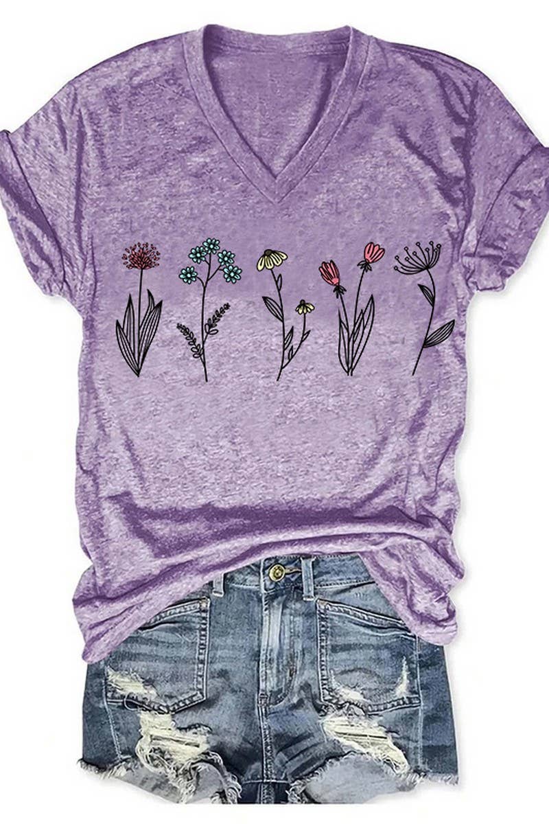 CWTTS1067_SMALL FLOWER PRINT V NECK SHORT SLEEVED T SHIRT