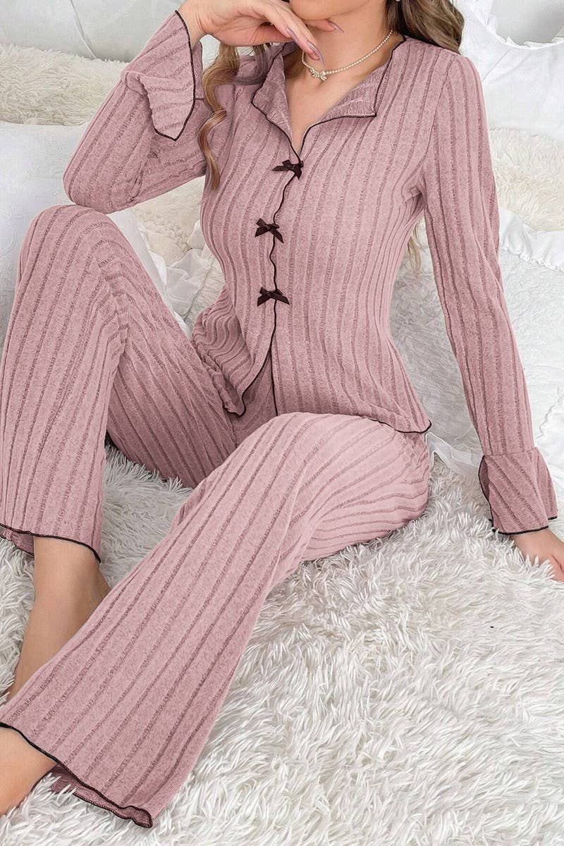 CWSPJ00491_BOW TIE COLLAR LONG SLEEVE TOP AND PANTS SET