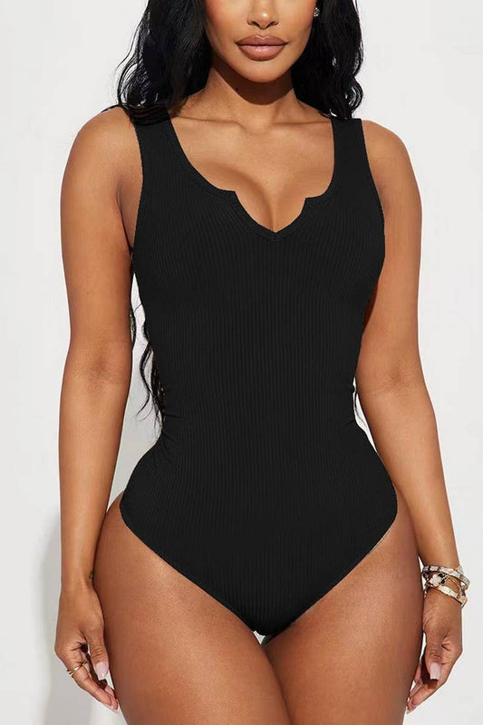 CWSBSSL0118_SOLID COLOR SLIM FIT SMALL V-NECK VEST BODYSUIT