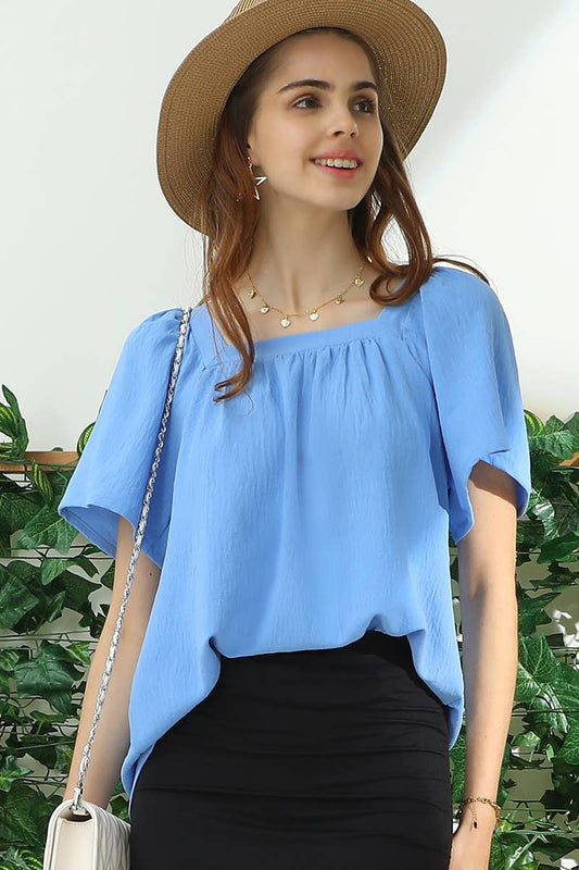 CWTBLS192_SQURE NECK RUFFLE NECK SHORT SLEEVE BLOUSES TOP