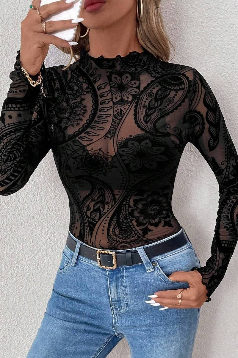 CWTBLL3927_FLOCKED PRINTED MESH RUFFLED LONG SLEEVE TOP