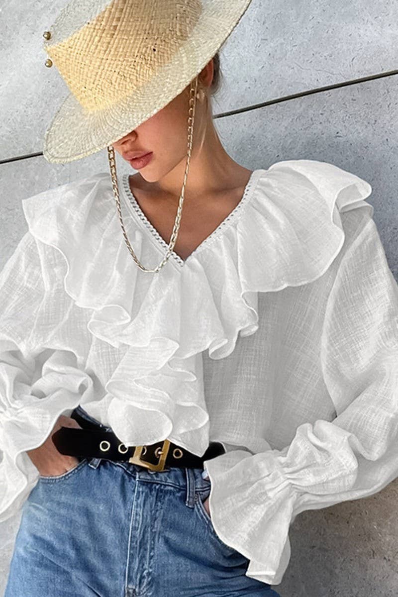 CWTBLL552_SOLID COLOR DROPPED SHOULDER SLEEVE LACE SHIRT