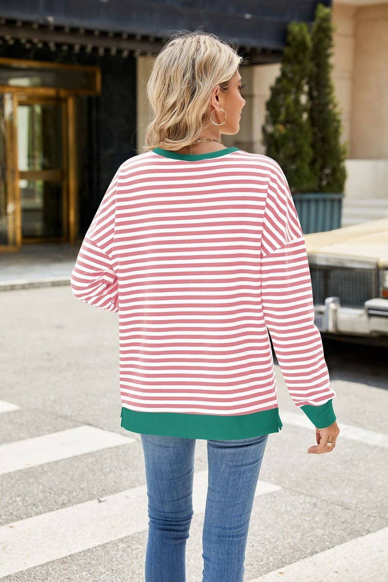 CWTBLL3746_CONTRAST COLOR SLIT LOOSE STRIPED SWEATSHIRT