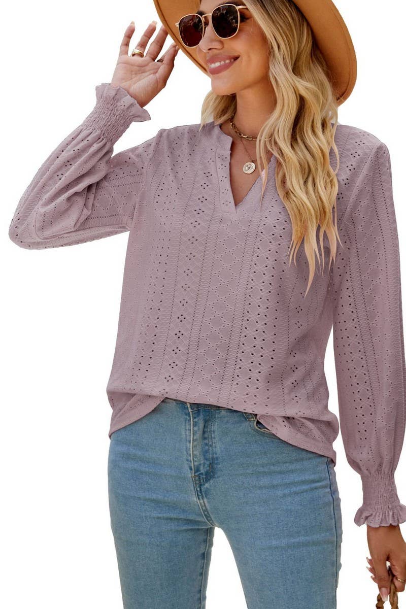 CWTBLL2407_V-NECK HOLLOW PLEATED LOTUS LEAF SLEEVE TOP