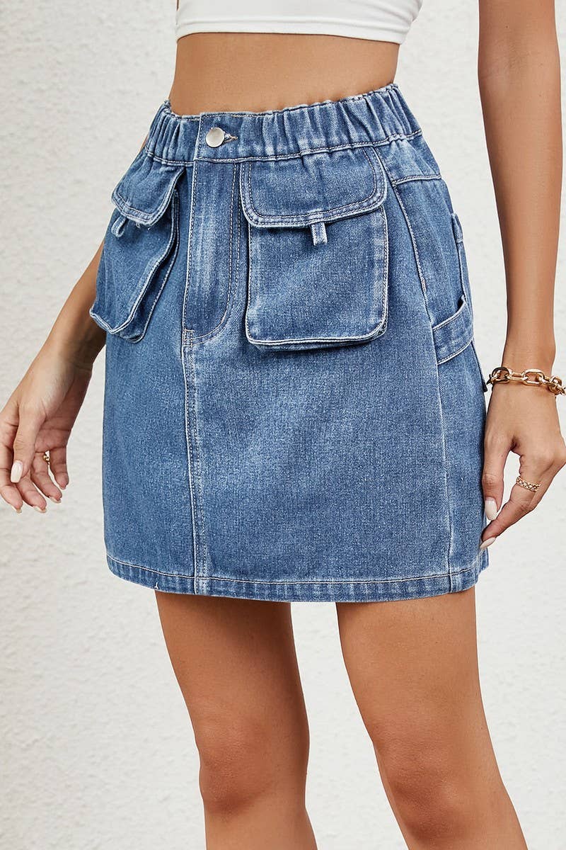 CWJSK00233_WASHED ELASTIC WAIST DENIM MINI SKIRT