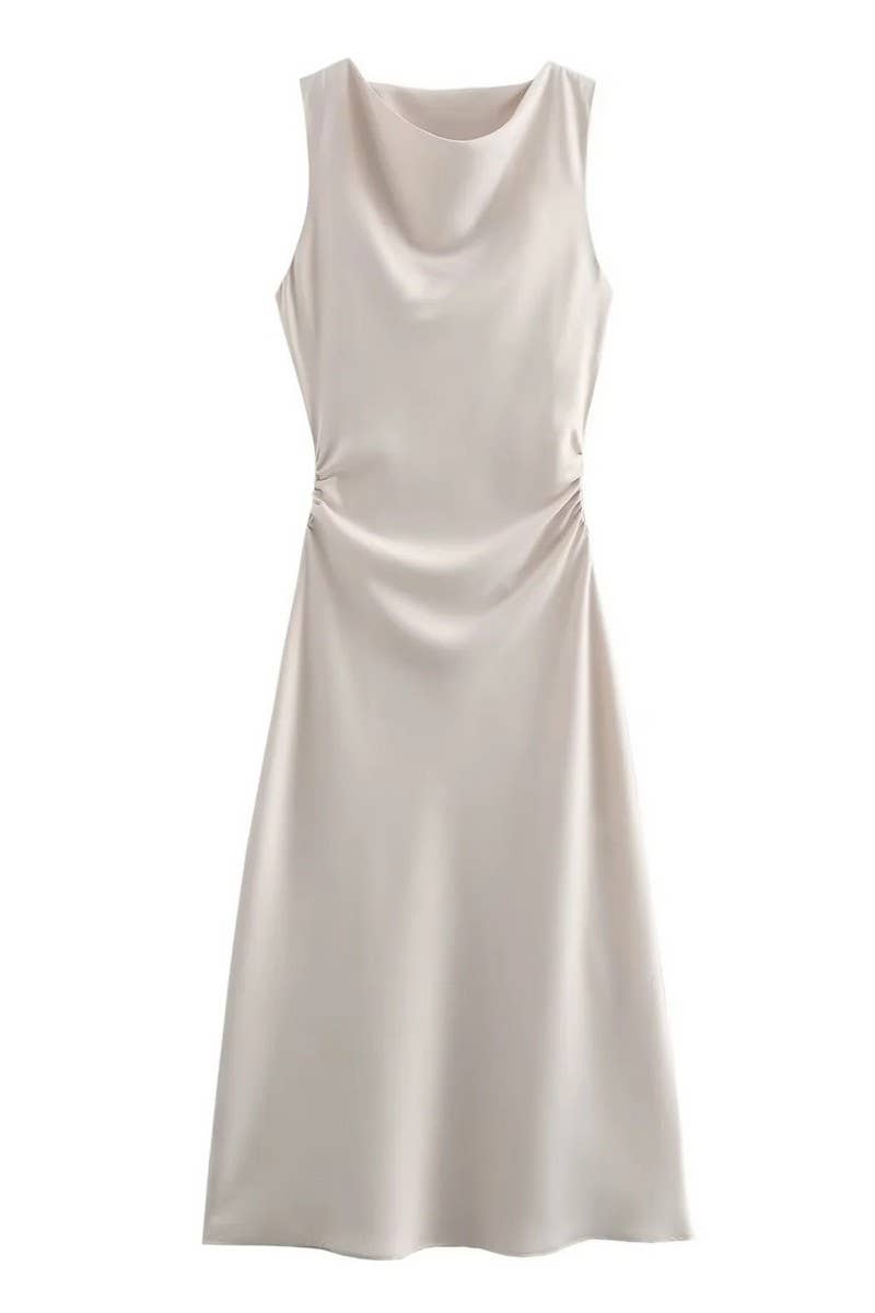 CWDMD4173_ROUND NECK SLEEVELESS BLACK SATIN DRESS