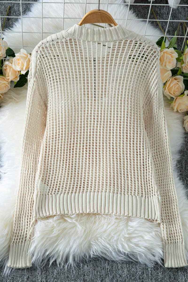 CWOSWL6869_TRENDY ZIP HALF COLLAR HOLLOW OUT KNIT SWEATER