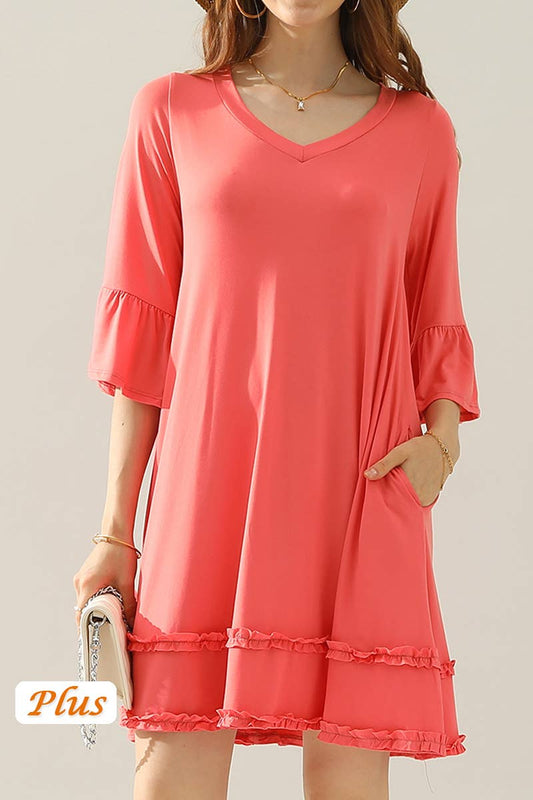 CWDSD10355_SMALL RUFFLE DETAILS 3/4 SLEEVE TIERED DRESS