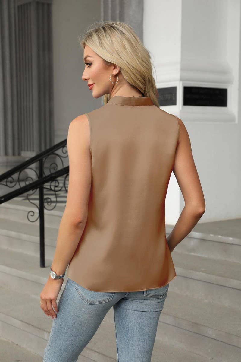 CWTBLSL0963_SATIN BUTTON V-NECK SLEEVELESS BLOUSE