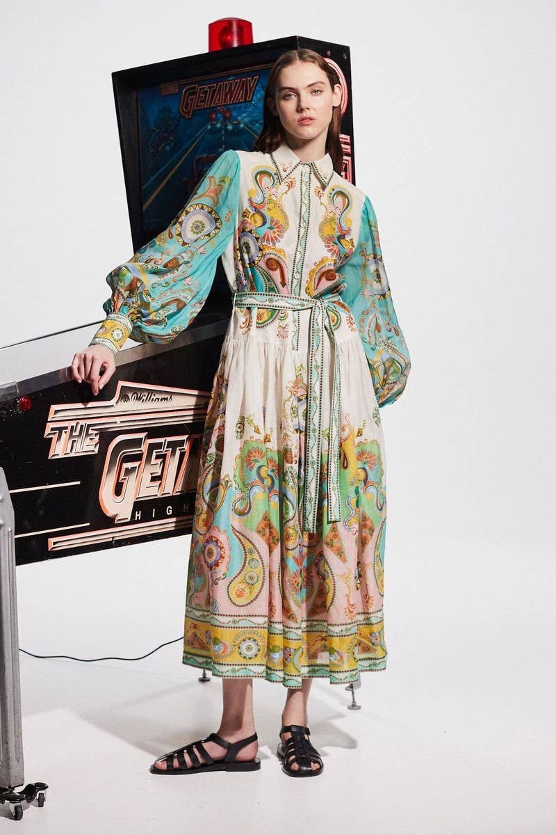 CWDMD5727FASHIONABLE LONG-SLEEVED PUFF SLEEVES TIE-UP DRESS