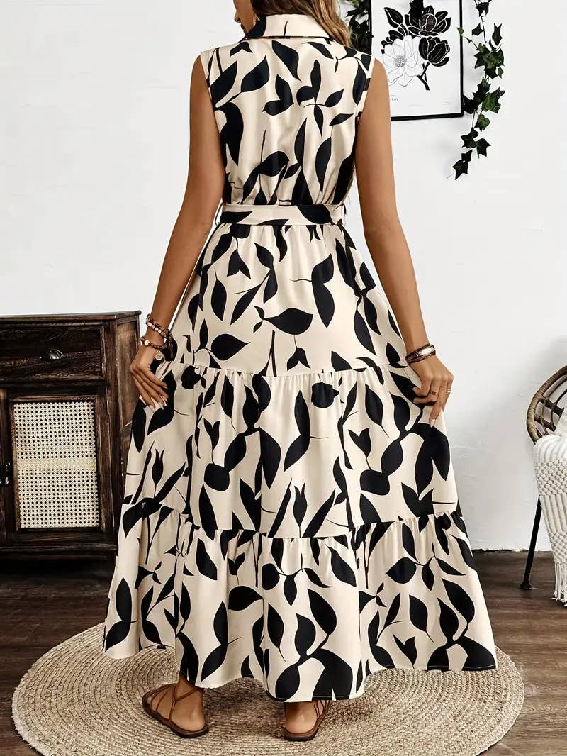 Elegant printed and a cinched waist long dress
