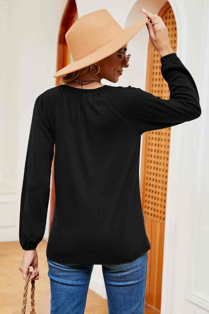 CWTBLL2840_CASUAL SOLID COLOR PLEATED LONG SLEEVE TOP