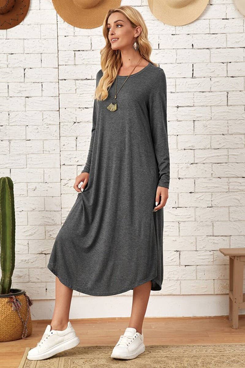 CWDMD3948_SOLID COLOR CASUAL LONG SLEEVE LONG DRESS