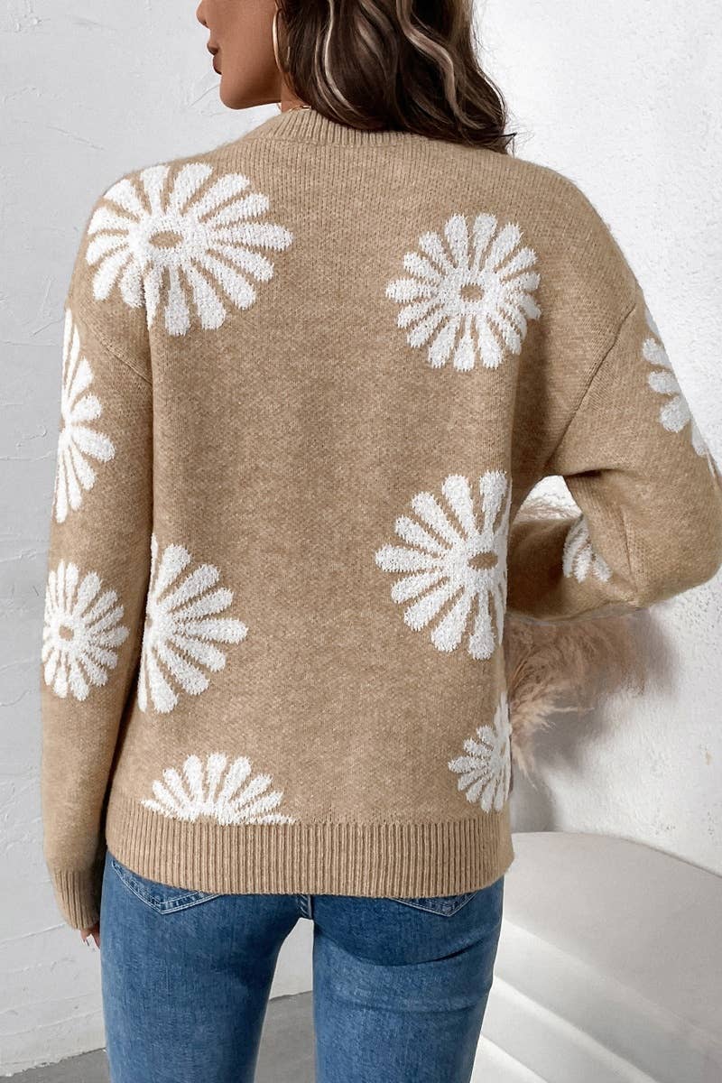 CWOSWL6574_CASUAL CREW-NECK FLORAL LONG-SLEEVED SWEATER
