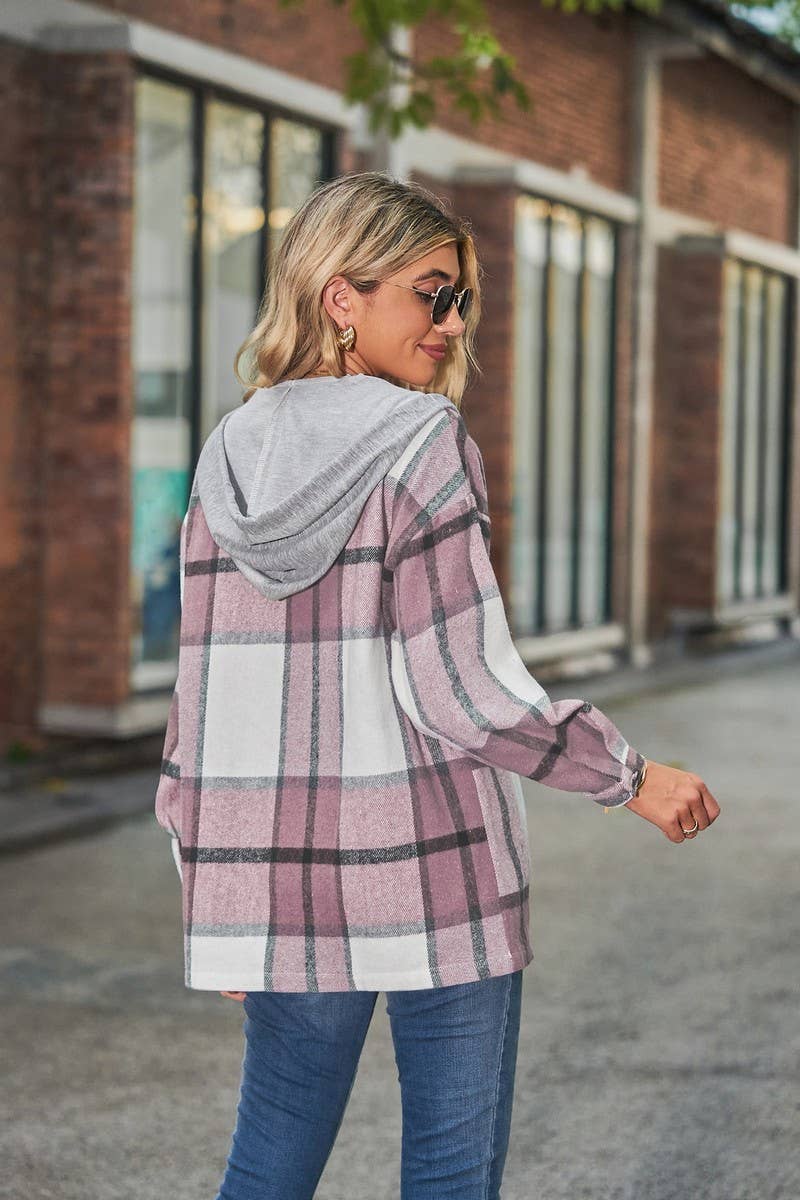 CWOCO1102_CASUAL LOOSE MID-LENGTH PLAID HOODED COAT